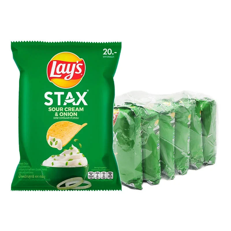 Lay's Stax Sour Cream & Onion Potato Chips in 44g packs, stacked with crispy texture and flavor visible in the image.