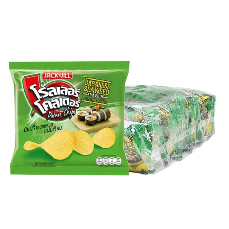 Roller Coaster Japanese Seaweed flavored potato chips, 12g x12, crispy snack with seaweed seasoning in a colorful package.