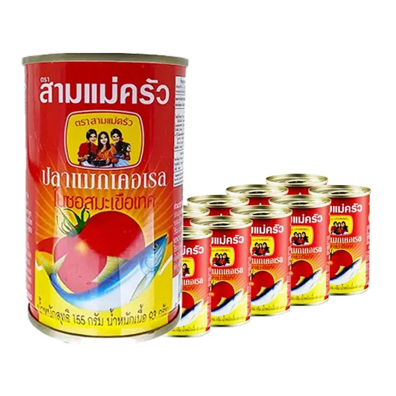 Three Lady Cooks mackerel in 155g cans, dry grocery seafood product, stacked packaging with brand label visible