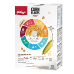 Kellogg's Corn Flakes cereal box, 500g, dry grocery product with a bright yellow and red packaging design.