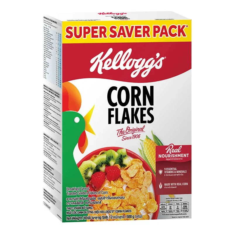 Kellogg's Corn Flakes cereal box, 500g package, featuring the classic yellow cornflakes design on the front.