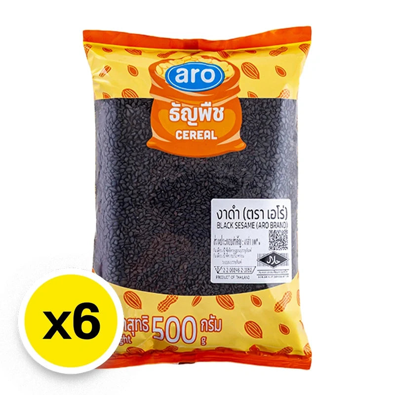 ARO Black Sesame 500g packet, dry grocery product with black sesame seeds in a clear bag, displayed in the image.