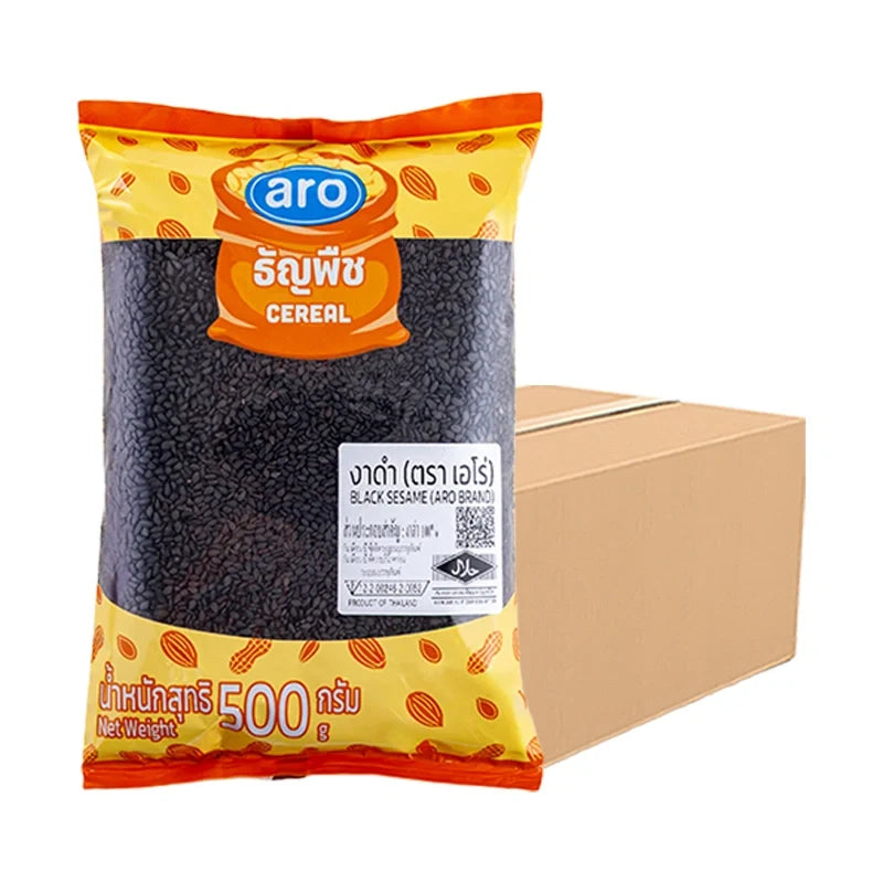 ARO Black Sesame 500g pack, dry grocery product, showcasing black sesame seeds in a clear bag, ready for cooking or baking.