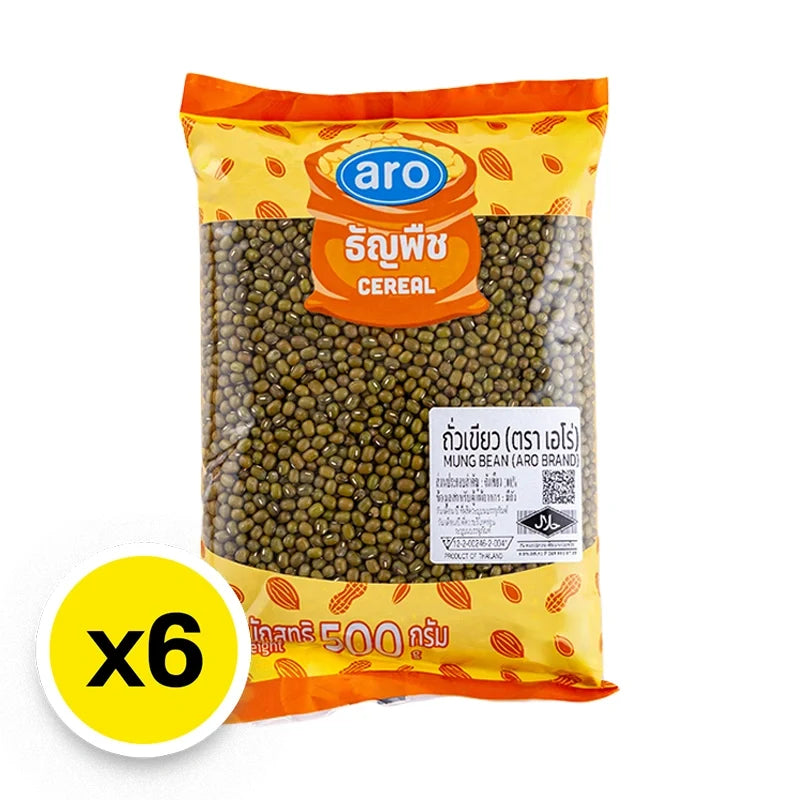 ARO Mung Bean 500g pack, dry grocery product, showcasing fresh green mung beans in a clear bag.