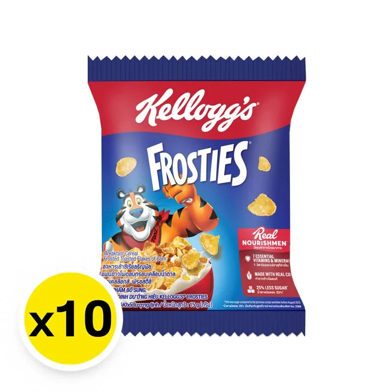 Box of Kellogg's Frosties cereal in 15g snack packs, featuring colorful Kellogg's branding and cereal flakes on the packaging.