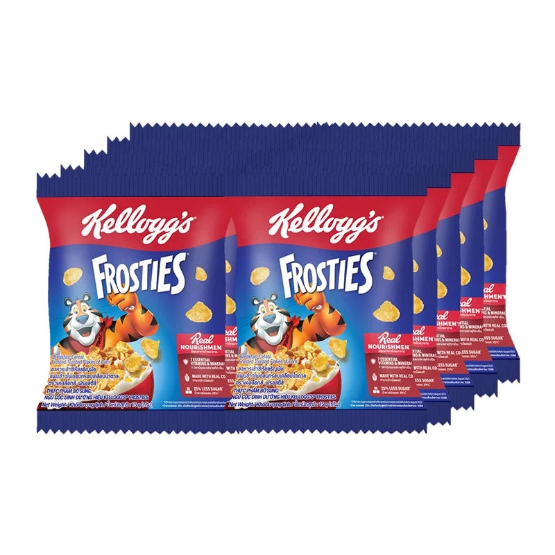 Kellogg's Frosties cereal 15g pack, dry grocery snack, showing colorful cereal flakes in a sealed packet.