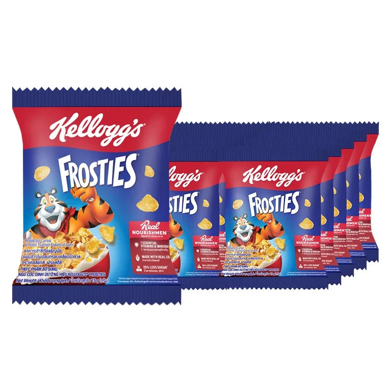 Kellogg's Frosties cereal packs, 15g each, featuring colorful cereal flakes in a box, ideal for dry grocery storage.