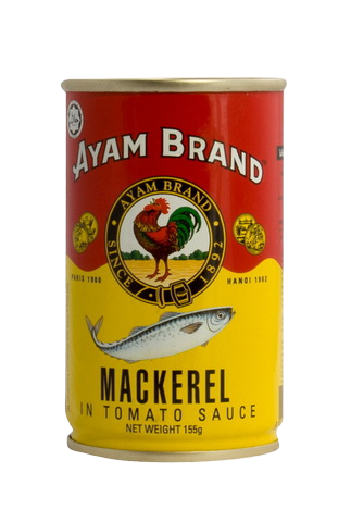 Canned Ayam Mackerel in tomato sauce with fish fillets in a silver can, ready for cooking or serving.