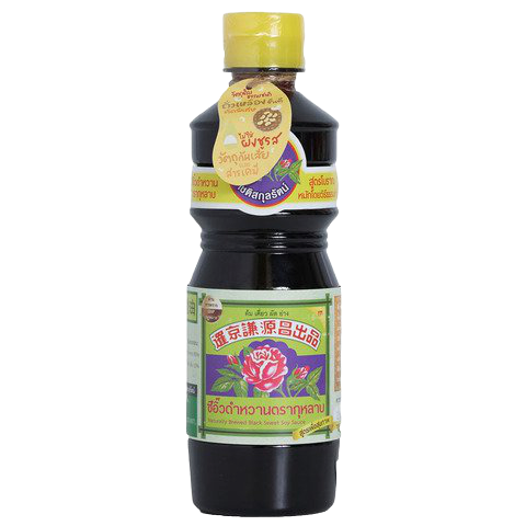 Kularb Sweet Soy Sauce bottle, a popular soy sauce used in Asian cuisine, with a clear label and dark liquid inside.
