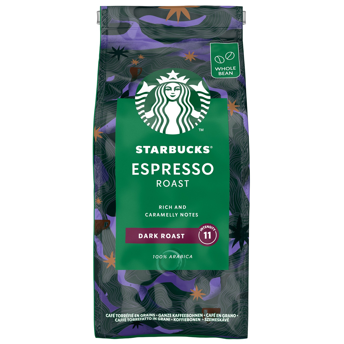 Starbucks Espresso Dark Roast coffee drink in a clear glass with dark brewed coffee visible.