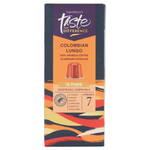 Sainsbury's Colombian Lungo coffee pods in a box, ready for brewing a rich, flavorful coffee drink.