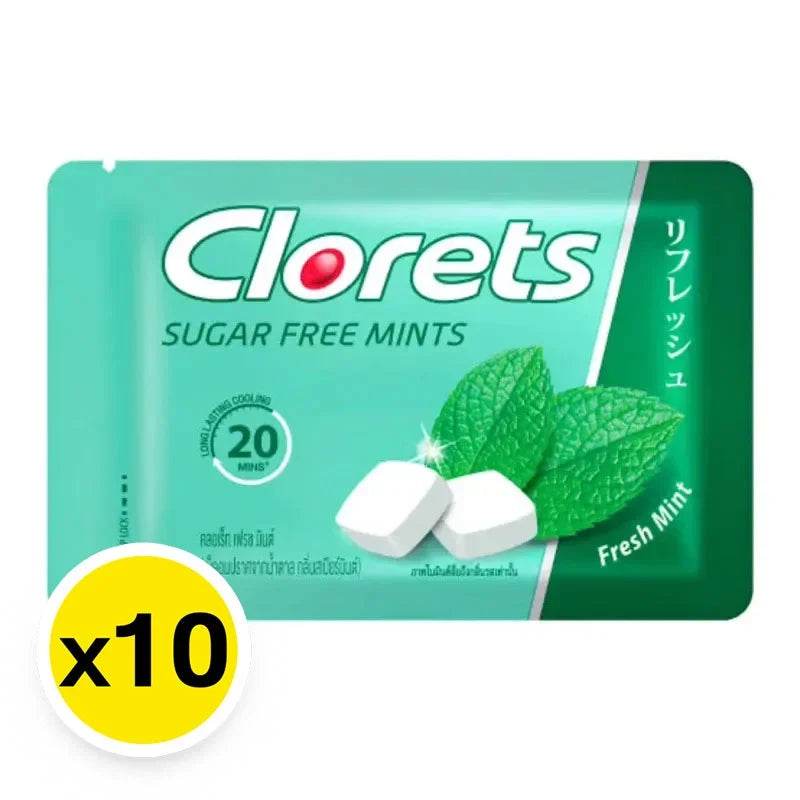 CLORETS Candy Fresh Mint 15.4g, pack of 10, showing individually wrapped mint candies in a colorful snack package.