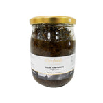 GEO Foods Truffle Sauce 500g jar, creamy brown sauce with visible truffle pieces, ideal for gourmet cooking and flavor enhancement.