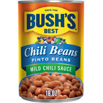 Bush's Best Chili Beans Pinto Beans in a can, ready for cooking, with a label showing the brand and bean type.