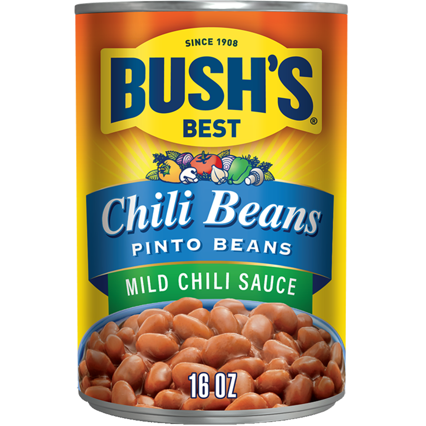 Bush's Best Chili Beans Pinto Beans in a can, ready for cooking, with a label showing the brand and bean type.