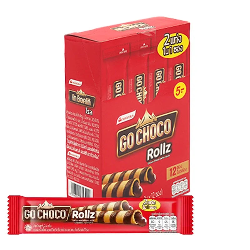 GO Choco Rollz Twin 24g snack packs, chocolate-flavored confectionery, featuring crispy roll-shaped treats from GO Choco.