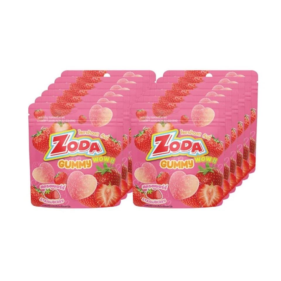 Zoda Wow Gummy Strawberry flavor snack pack with 12 pieces of 45g gummies, colorful strawberry-shaped confectionery.
