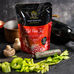 Bone Roasters Red Wine Jus 35 Brix Soup in a bowl, showcasing rich, dark red wine flavor with a smooth, healthy soup texture.