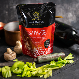 Bone Roasters Red Wine Jus 35 Brix Soup in a bowl, showcasing rich, dark red wine flavor with a smooth, healthy soup texture.