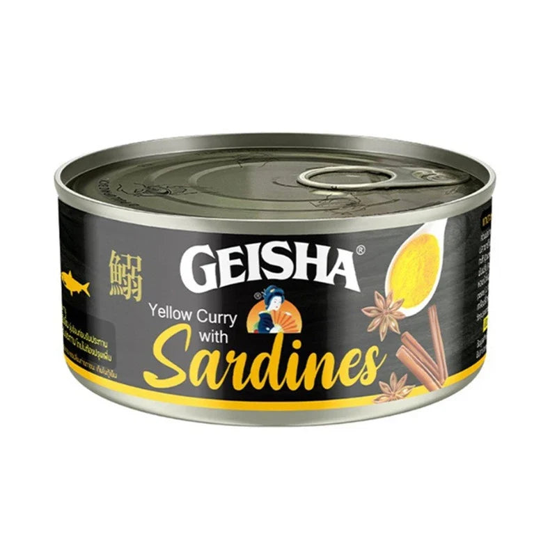 GEISHA Geisha Yellow Curry with Sardines, 120g, dry grocery product featuring a can of yellow curry with sardines on the label.