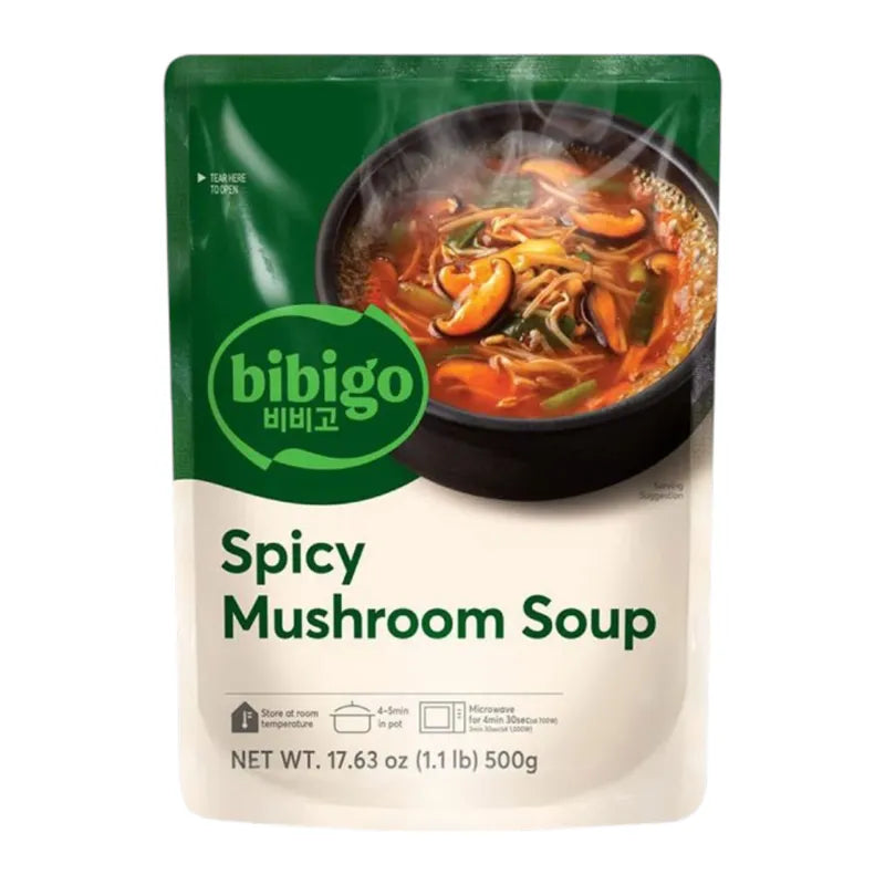 BIBIGO Bibigo Spicy Mushroom Soup 500g dry grocery package with image of spicy mushroom soup ingredients and packaging