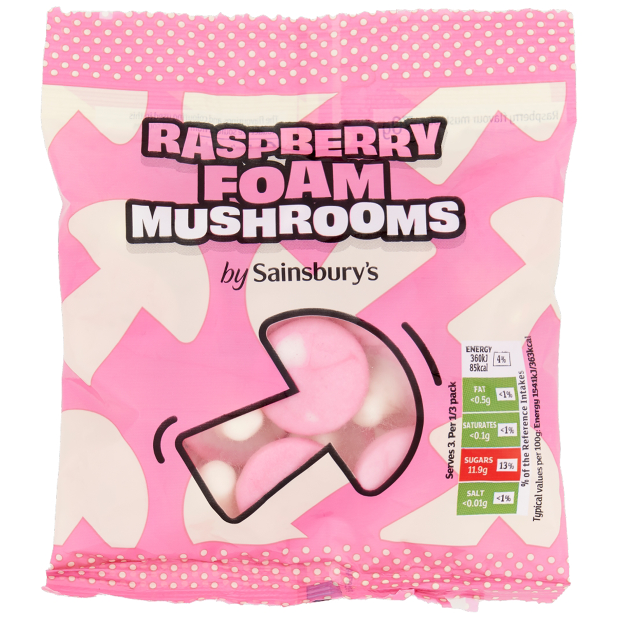 Sainsbury's raspberry foam mushroom sweets, colorful confectionery snacks with a soft foam texture and berry flavor.