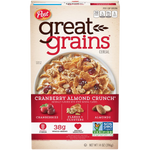 Post Great Grains Cranberry Almond Crunch cereal box with colorful branding and a bowl of cereal with cranberries and almonds.