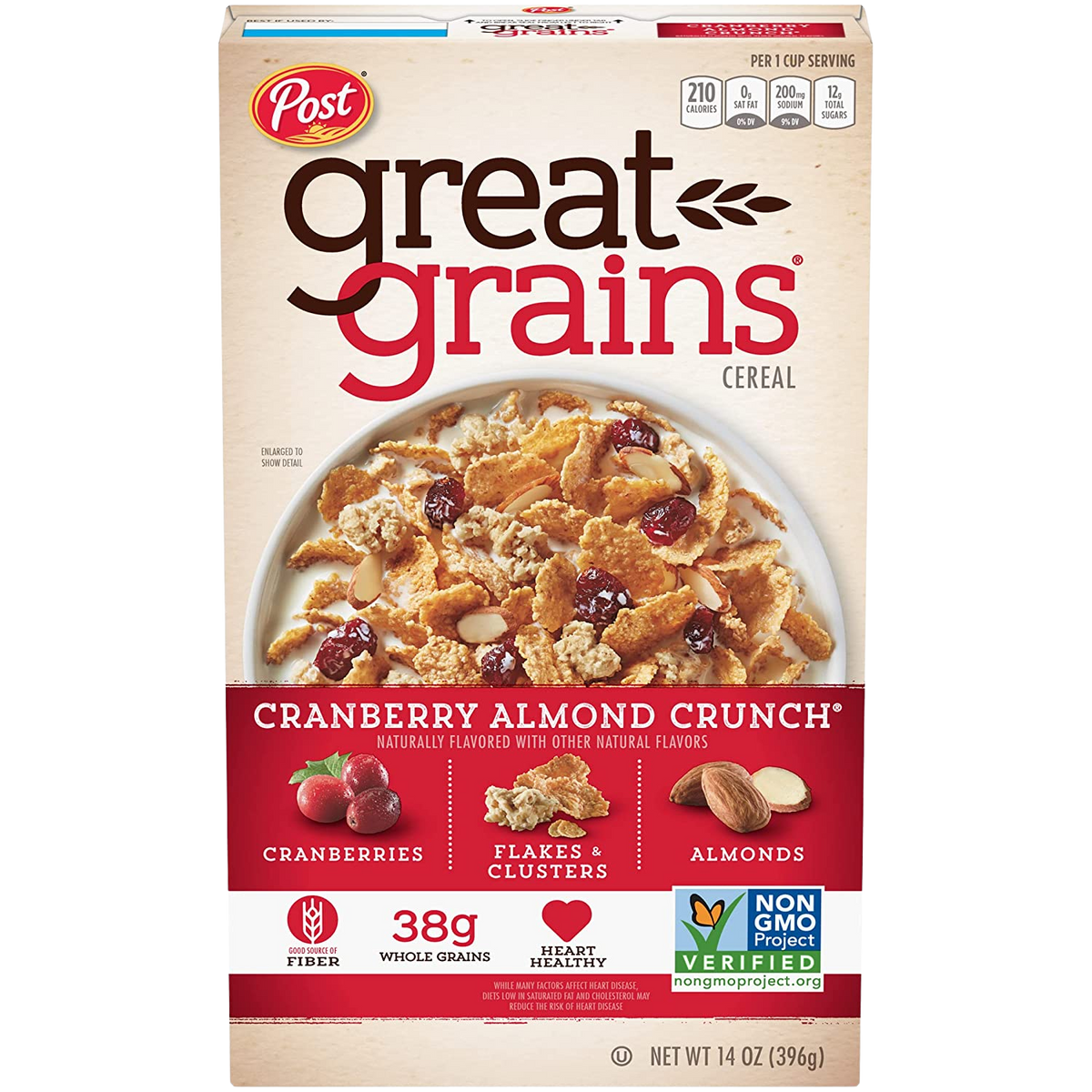 Post Great Grains Cranberry Almond Crunch cereal box with colorful branding and a bowl of cereal with cranberries and almonds.