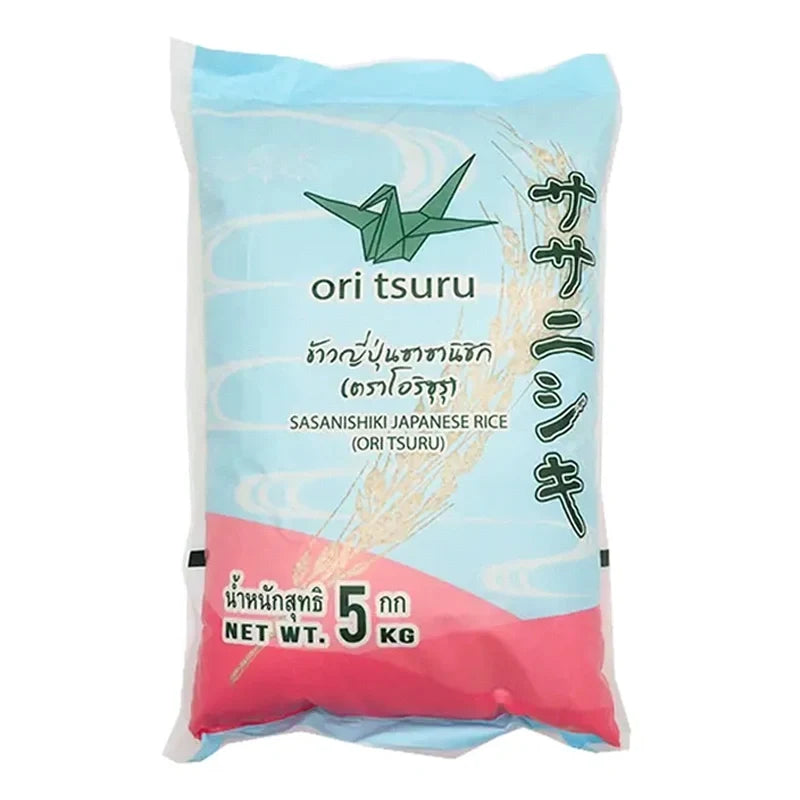 ORI Tsuru Sasanishiki rice 5kg bag, dry grocery product with white rice grains in a clear packaging.