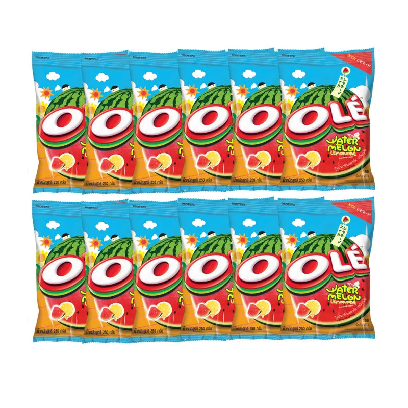 OLE Watermelon 100 Tabs snack confectionery, colorful watermelon-flavored candy tablets in a clear container.