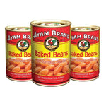AYAM Baked Beans 425g x3, dry grocery product, showing three cans of baked beans with colorful labels and brand logo.