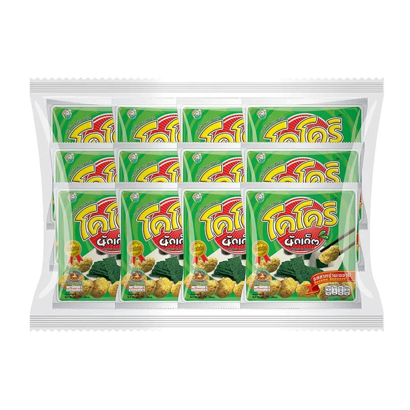 Cocori Nugget Corn Snack Seaweed pack showing crispy corn nuggets with seaweed flavor in a 10g x12 pack, colorful snack packaging