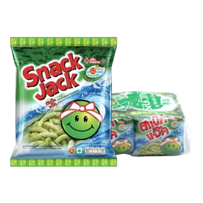 Snack Jack Green Pea Nori-Wasabi snack pack, 15g x 12, crispy green pea snacks with wasabi and nori flavor in a dry grocery bag.