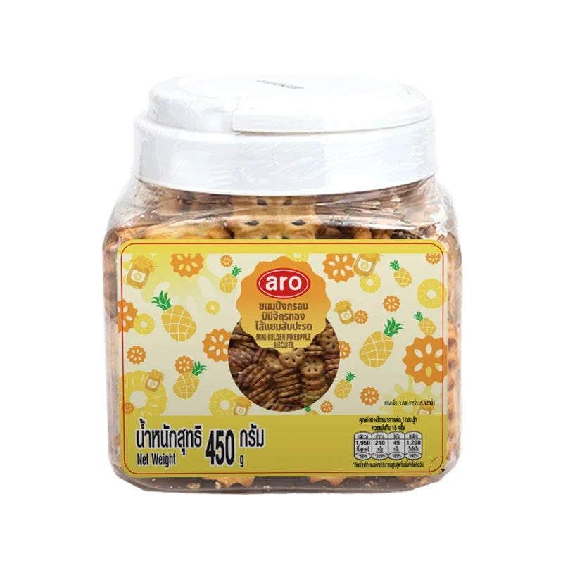 ARO Mini Biscuit Pineapple, 450g, dry grocery snack with pineapple flavor, packaged in a colorful box