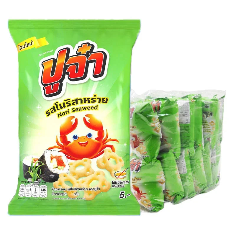 Pu-Jaa Snack Fried Cracker Nori Seaweed 15g, pack of 12, crispy Japanese snack with seaweed flavor, ideal for dry grocery and snacks.