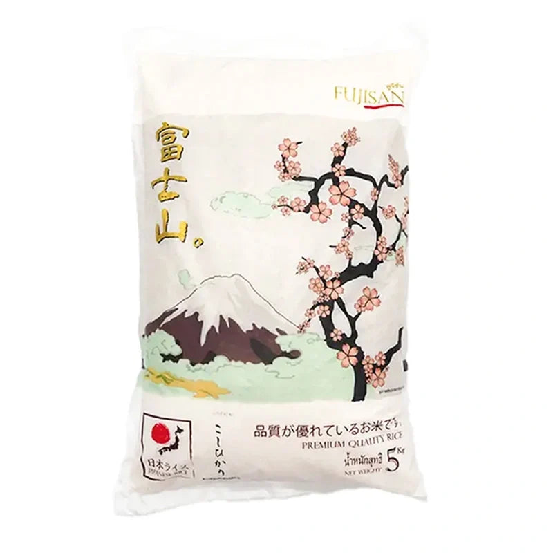 Fujisan Koshihikari Japanese rice 5kg bag, premium dry grocery product from FUJISAN, with rice grains visible in the image.
