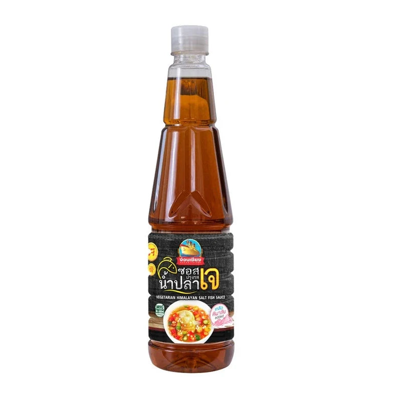 Nguan Chiang vegetarian Himalayan salt fish sauce 625ml bottle, dry grocery product with clear label and packaging in the image.