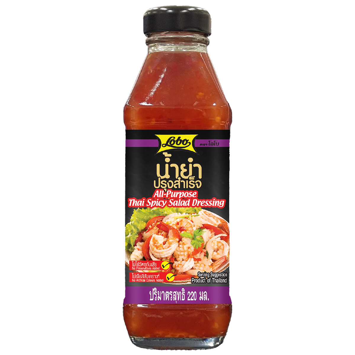 Lobo all-purpose Thai spicy salad dressing bottle with red and green label, featuring Thai ingredients and flavor description.