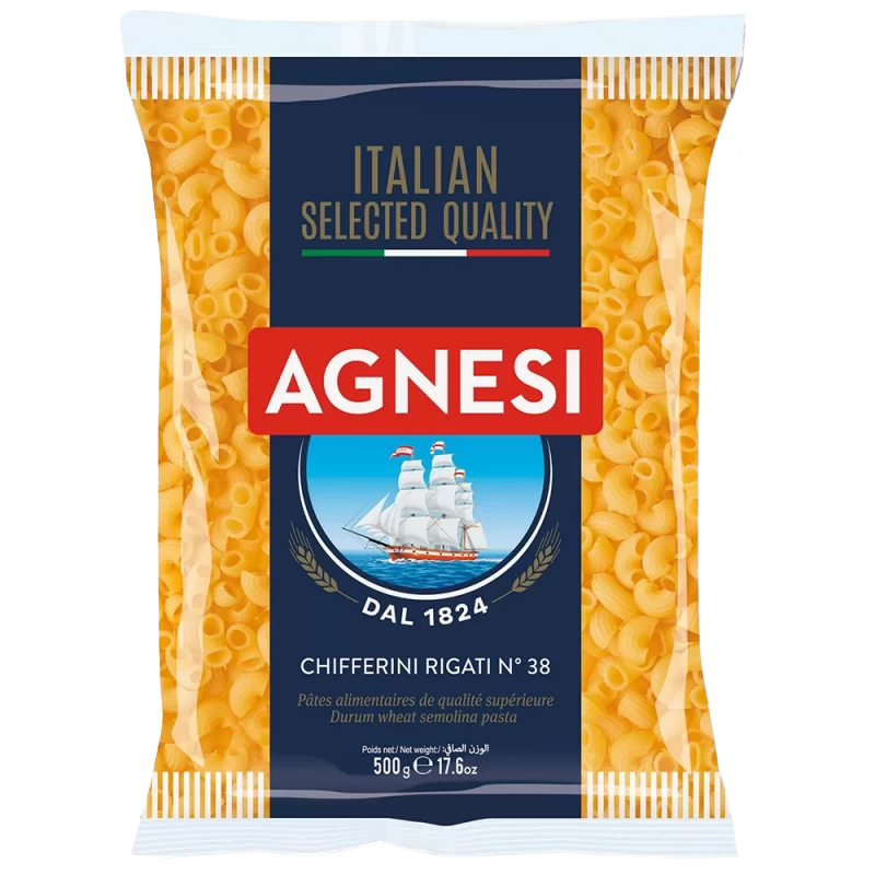 Agnesi Chifferini Rigati #38 pasta in a clear bowl, showcasing the ridged, twisted Italian pasta brand Agnesi.