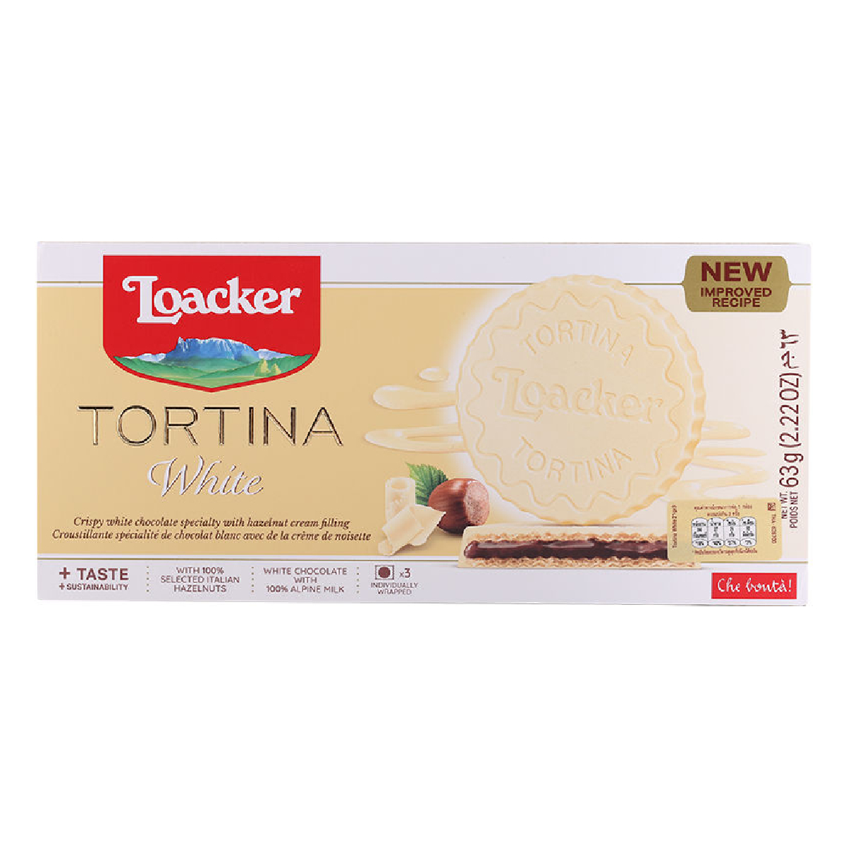Loacker Tortina White confectionery snack with creamy white filling and chocolate coating, displayed on a white background.