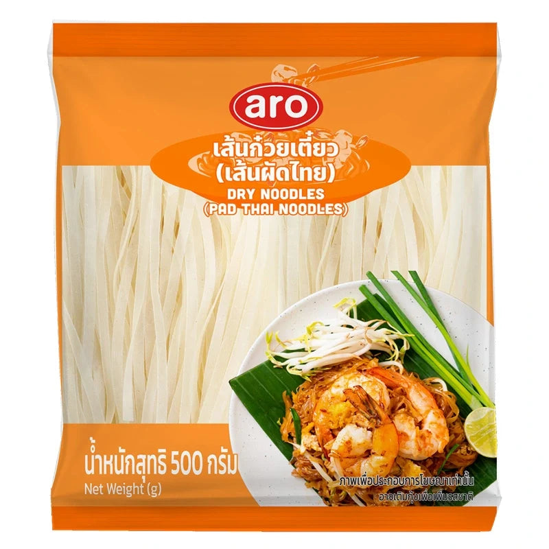 A jar of ARO Pad Thai Noodles 500g dry grocery product with noodles visible in clear packaging.