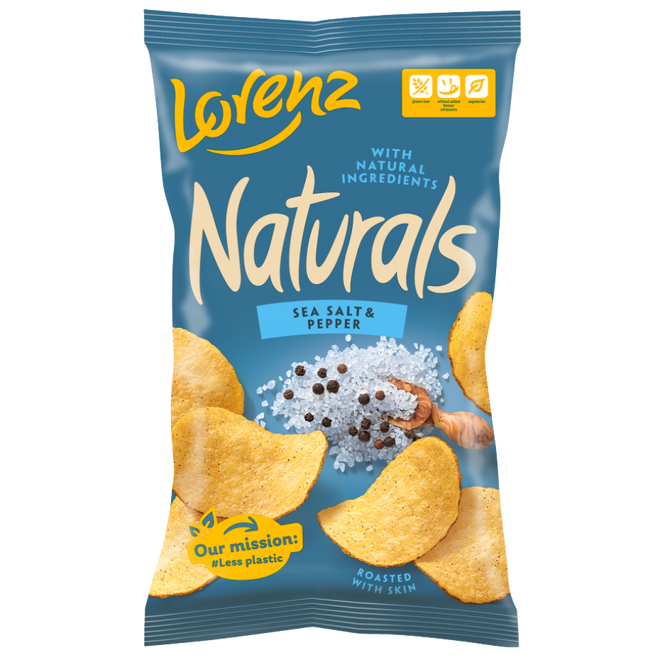 Lorenz Natural Salt-Pepper confectionery snacks in colorful packaging, showcasing the snack variety.