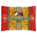 San Remo Penne Macaroni pasta in a clear package, ready for cooking in a grocery store setting