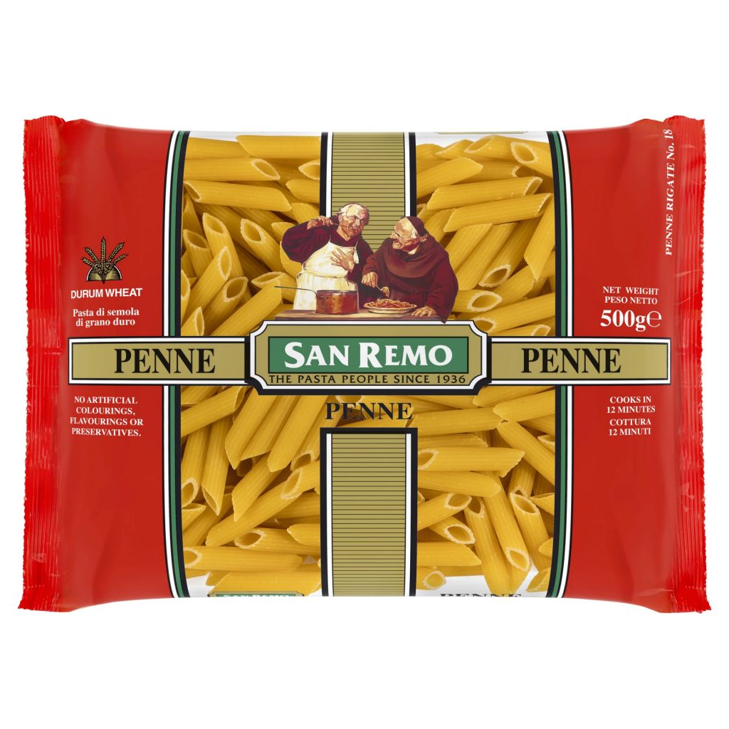 San Remo Penne Macaroni pasta in a clear package, ready for cooking in a grocery store setting