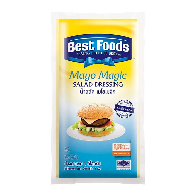 Best Foods Mayo Magic Salad Dressing 1kg bottle, creamy and smooth condiment for salads and dishes, in its packaging.