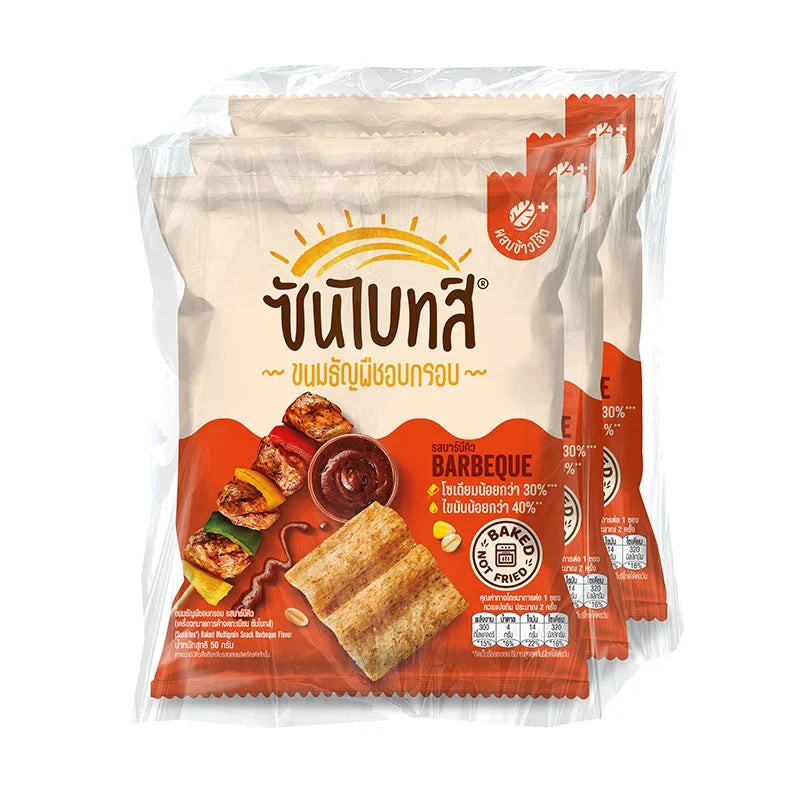 Sunbites Baked Multigrain BBQ Snacks in a 50g pack, featuring crunchy multigrain chips with BBQ flavor, perfect for snacking.