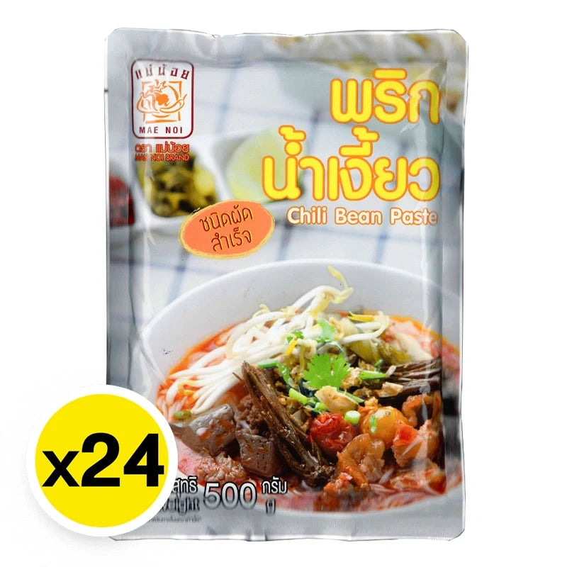 MAE NOI Chili Bean Paste 500g jar, a spicy dry grocery ingredient for cooking, shown in a close-up image.