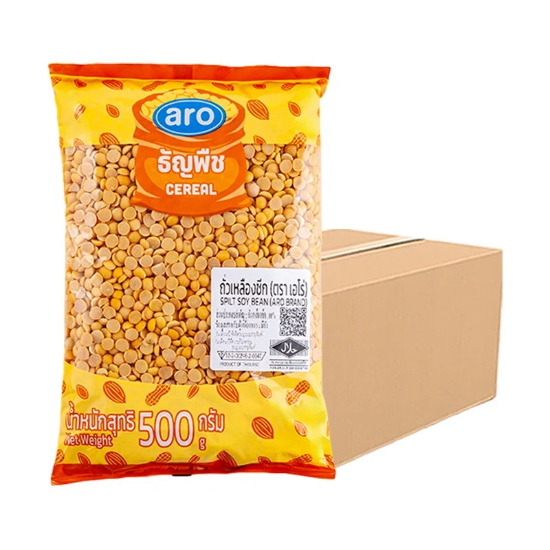 Pack of six 500g ARO Split Soy Beans in dry grocery packaging, showing the soy beans inside and product label.