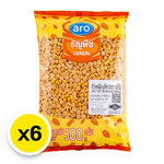 Aro Split Soy Beans in 500g packages, stacked in a grocery display, showing their light beige split beans.