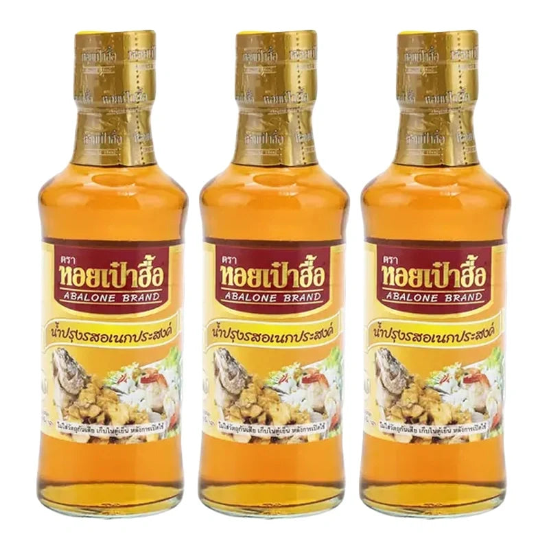Three bottles of ABALONE Abalone All Purpose Sauce 200ml, featuring the sauce's label and clear glass bottles.